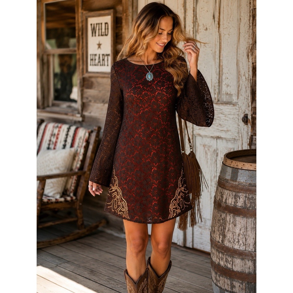 Rock & Roll Cowgirl Dress L NWT Chocolate Brown Lace Sequin Bell Sleeve Western